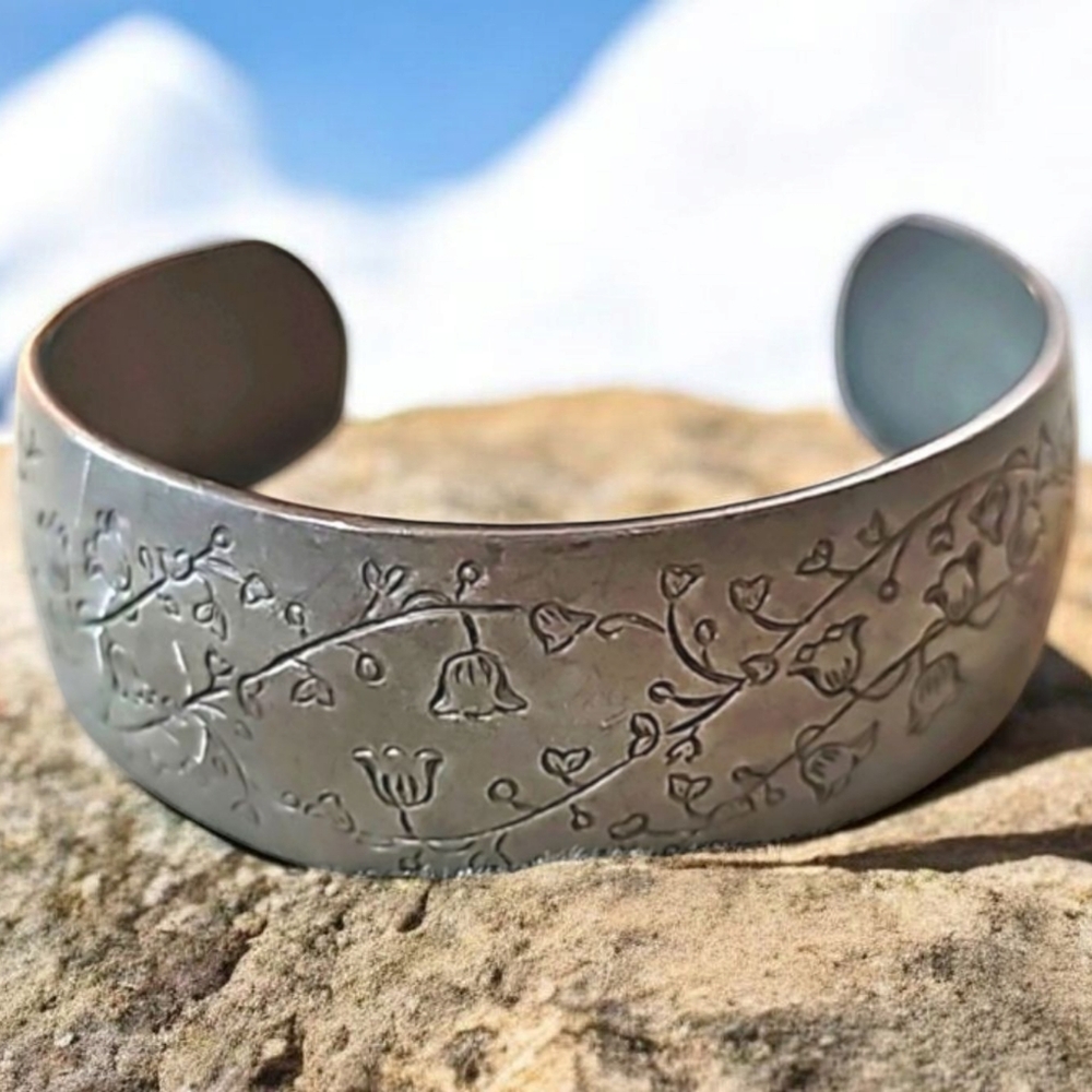 Pewter Cuff Bracelet Ornate Lilly of the Valley Etched LOT663